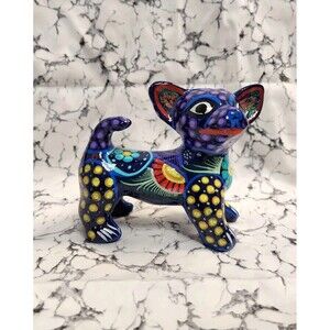 Talavera Chihuahua Figurine Mexican Folk Art Redware Pottery Multicolor Glitter